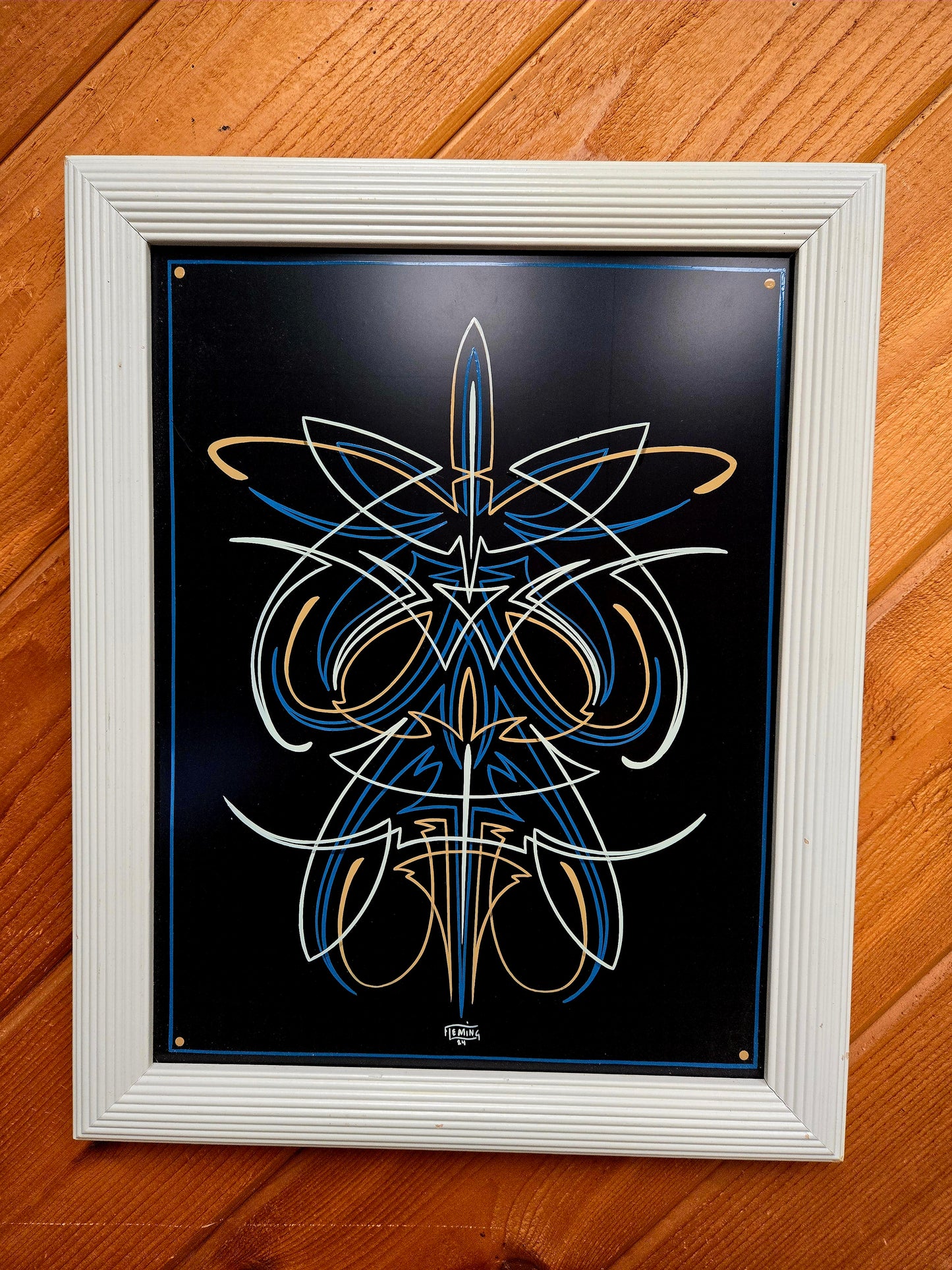 Framed Blue, White, and Tan Pinstriped Panel